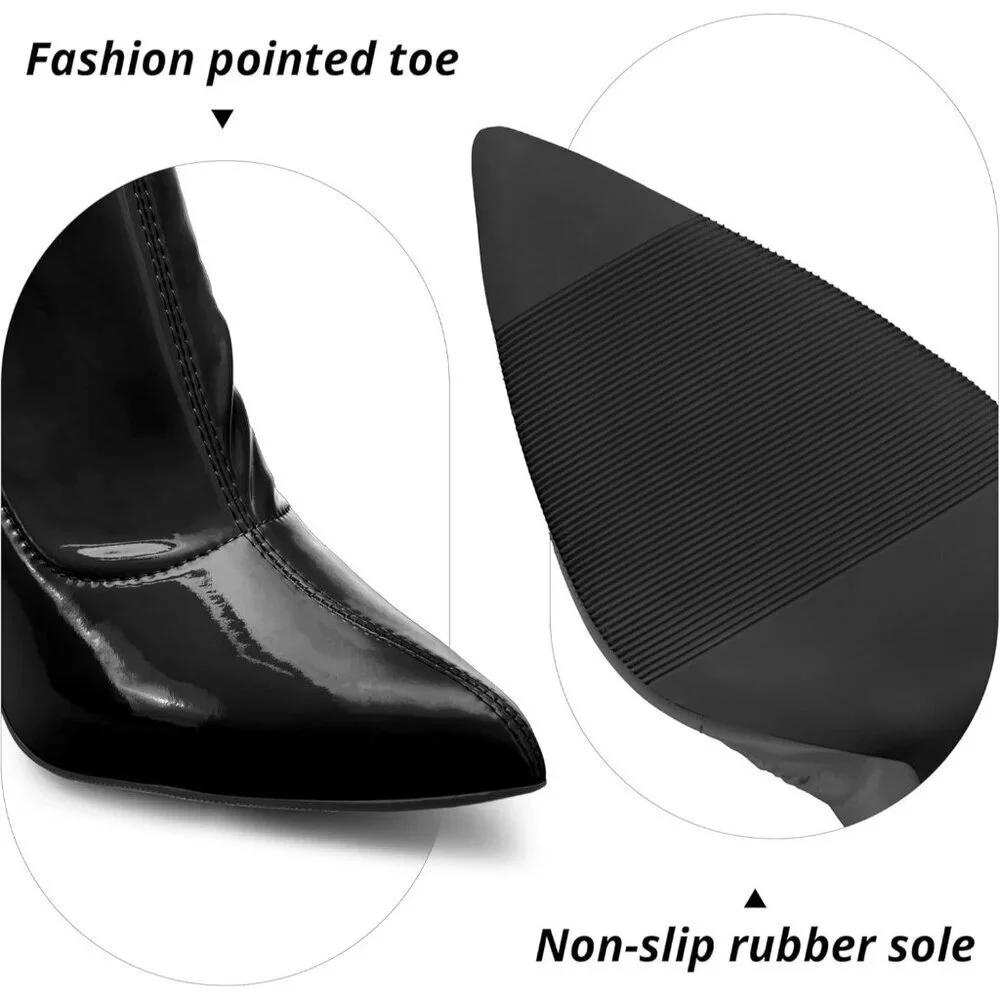 Women Black Chunky Heel Over The Knee Boots Patent Leather PU Stretchy Tall Boot